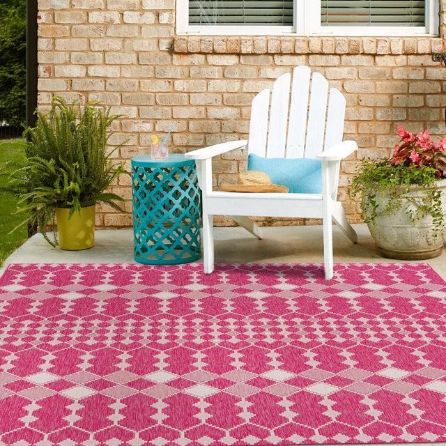 Magenta 10' x 10' Outdoor Trellis Square Area Rug Weather Resistant for Patio, Deck, Terrace, Balcony, Porch Geometric Design Water Safe Outside Carpet for Sale at Rug Engine
