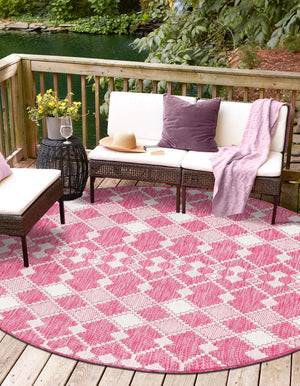 Magenta 10' x 10' Outdoor Trellis Round Area Rug Weather Resistant for Patio, Deck, Terrace, Balcony, Porch Geometric Design Water Safe Outside Carpet for Sale at Rug Engine