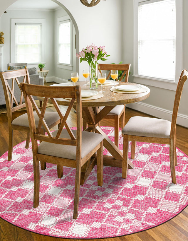 Magenta 10' x 10' Outdoor Trellis Round Area Rug Weather Resistant for Patio, Deck, Terrace, Balcony, Porch Geometric Design Water Safe Outside Carpet for Sale at Rug Engine