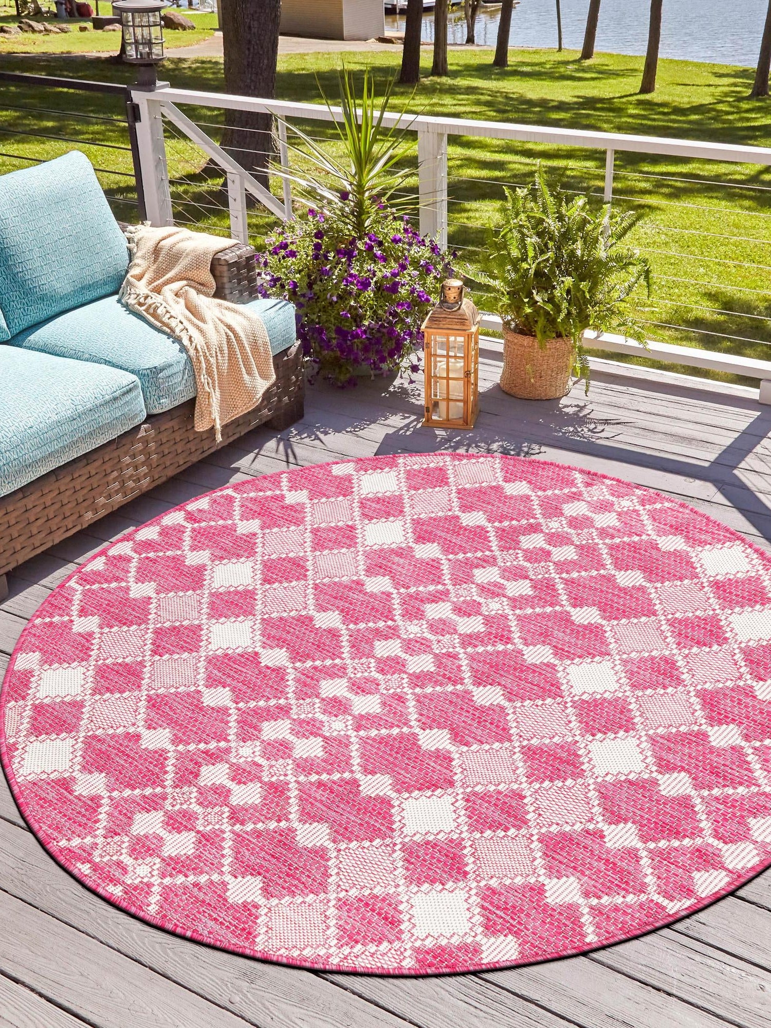 Magenta 3' 1 x 3' 1 Outdoor Trellis Round Area Rug Weather Resistant for Patio, Deck, Terrace, Balcony, Porch Geometric Design Water Safe Outside Carpet for Sale at Rug Engine