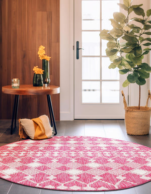 Magenta 10' x 10' Outdoor Trellis Round Area Rug Weather Resistant for Patio, Deck, Terrace, Balcony, Porch Geometric Design Water Safe Outside Carpet for Sale at Rug Engine