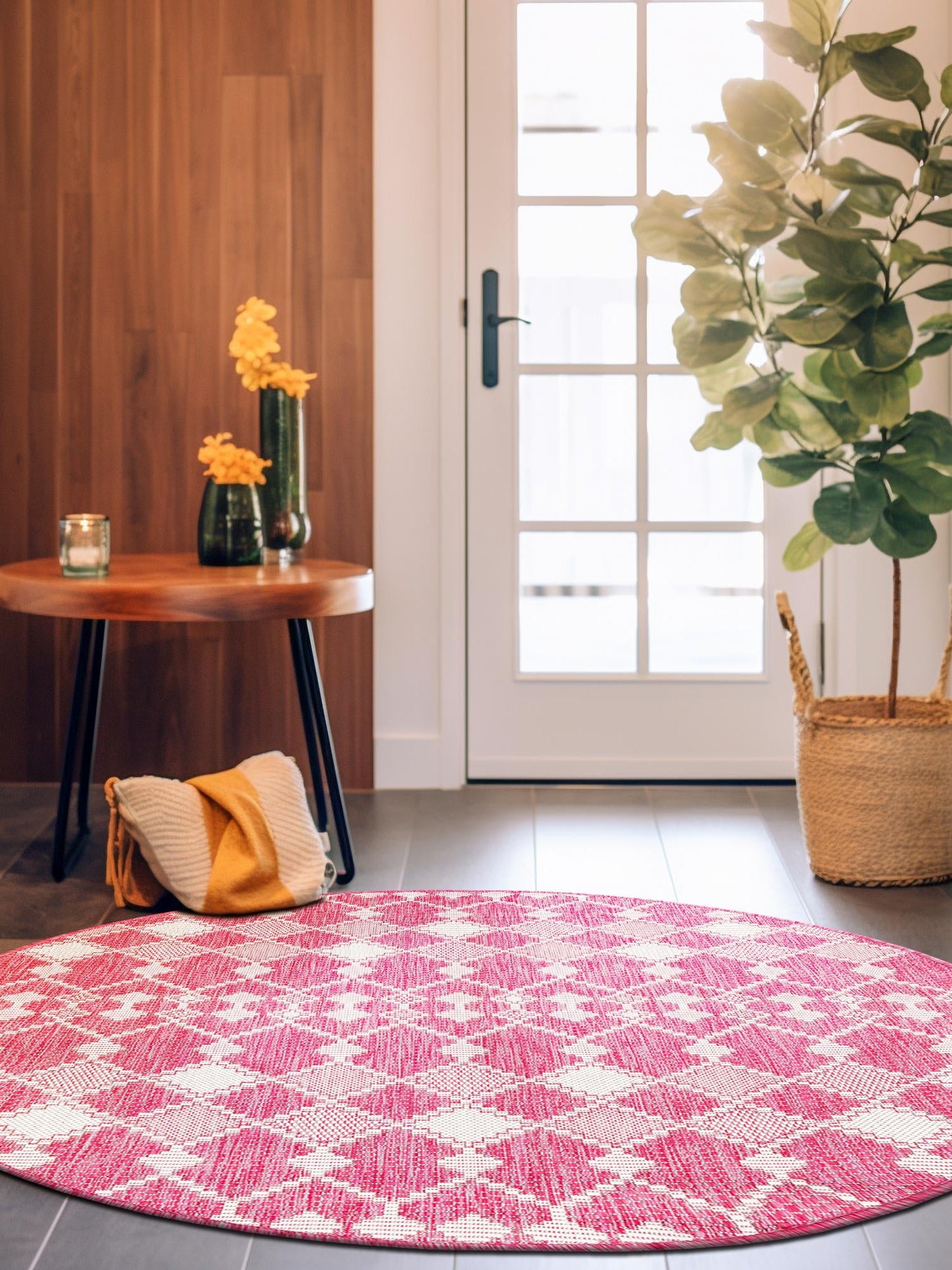 Magenta 3' 1 x 3' 1 Outdoor Trellis Round Area Rug Weather Resistant for Patio, Deck, Terrace, Balcony, Porch Geometric Design Water Safe Outside Carpet for Sale at Rug Engine