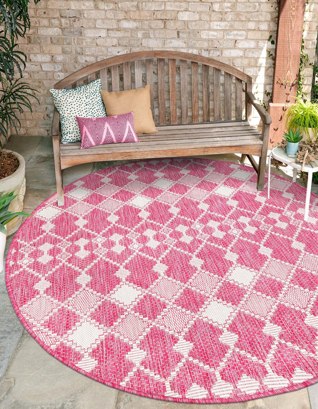 Magenta 10' x 10' Outdoor Trellis Round Area Rug Weather Resistant for Patio, Deck, Terrace, Balcony, Porch Geometric Design Water Safe Outside Carpet for Sale at Rug Engine