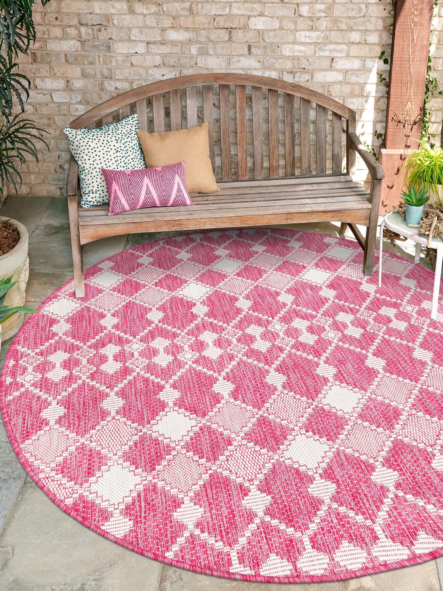 Magenta 3' 1 x 3' 1 Outdoor Trellis Round Area Rug Weather Resistant for Patio, Deck, Terrace, Balcony, Porch Geometric Design Water Safe Outside Carpet for Sale at Rug Engine