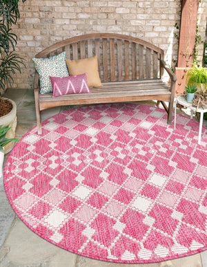 Magenta 3' 1 x 3' 1 Outdoor Trellis Round Area Rug Weather Resistant for Patio, Deck, Terrace, Balcony, Porch Geometric Design Water Safe Outside Carpet for Sale at Rug Engine