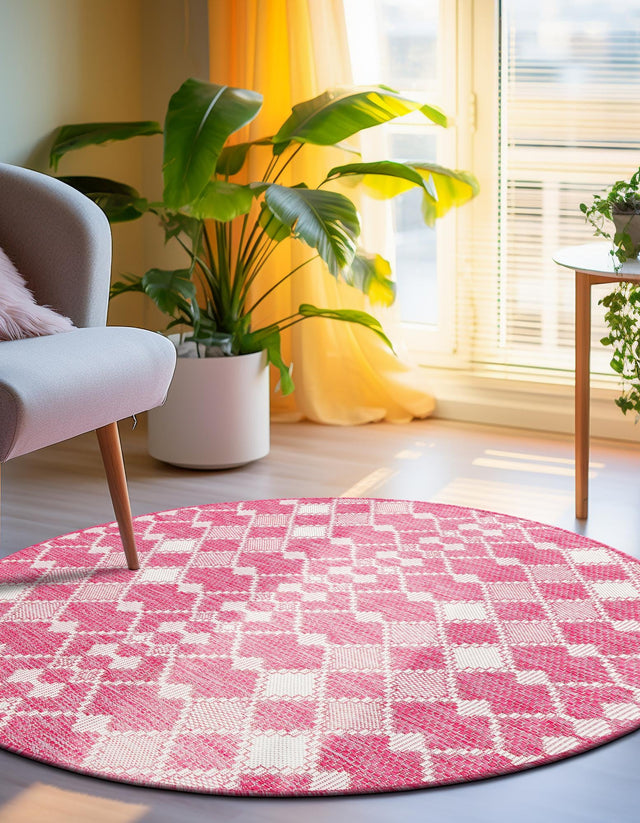 Magenta 4' 1 x 4' 1 Outdoor Trellis Round Area Rug Weather Resistant for Patio, Deck, Terrace, Balcony, Porch Geometric Design Water Safe Outside Carpet for Sale at Rug Engine