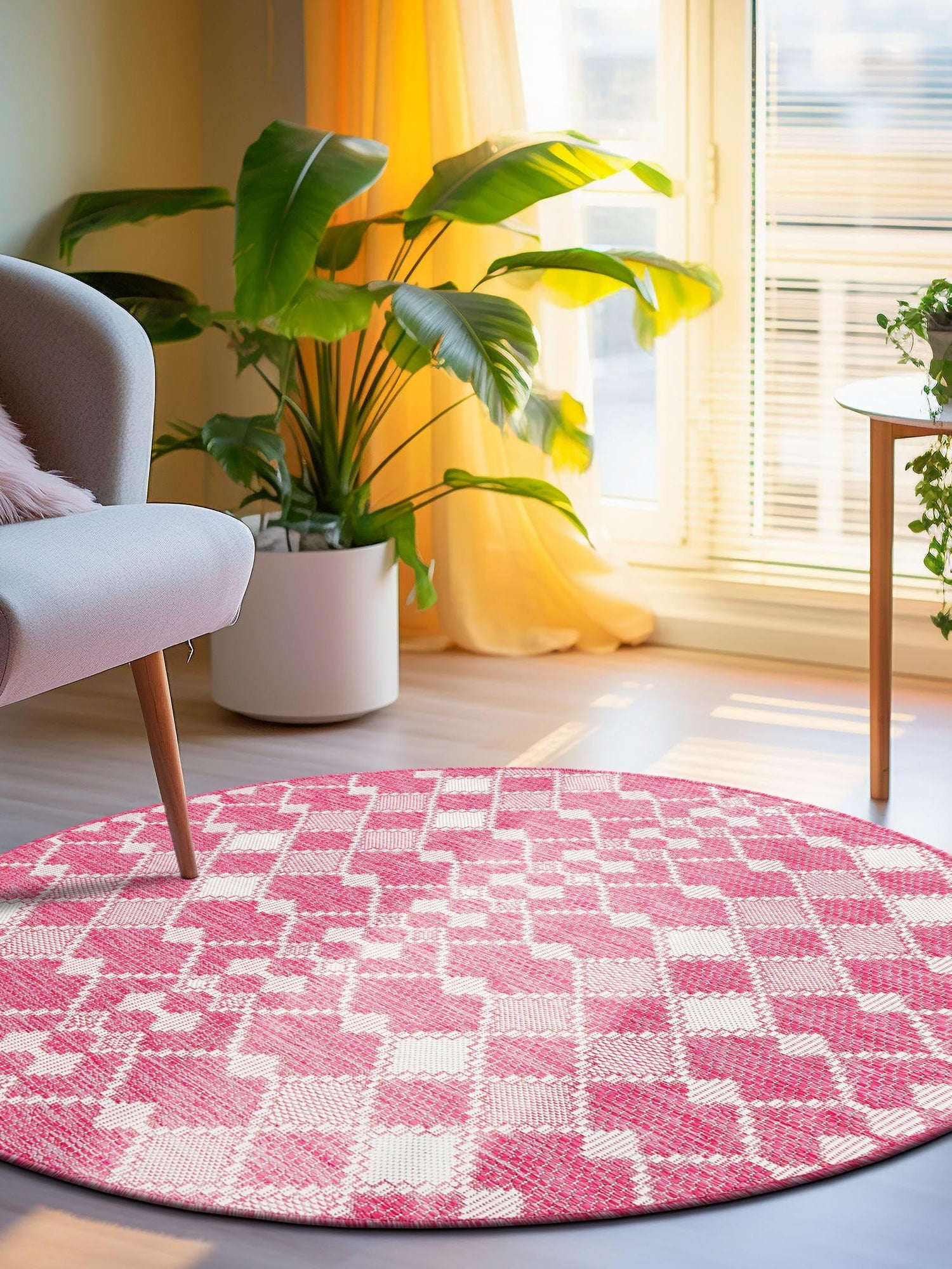 Magenta 10' x 10' Outdoor Trellis Round Area Rug Weather Resistant for Patio, Deck, Terrace, Balcony, Porch Geometric Design Water Safe Outside Carpet for Sale at Rug Engine