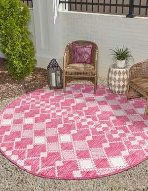 Magenta 4' 1 x 4' 1 Outdoor Trellis Round Area Rug Weather Resistant for Patio, Deck, Terrace, Balcony, Porch Geometric Design Water Safe Outside Carpet for Sale at Rug Engine