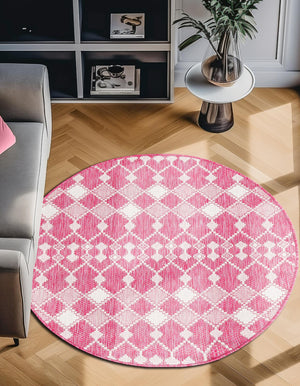 Magenta 4' 1 x 4' 1 Outdoor Trellis Round Area Rug Weather Resistant for Patio, Deck, Terrace, Balcony, Porch Geometric Design Water Safe Outside Carpet for Sale at Rug Engine