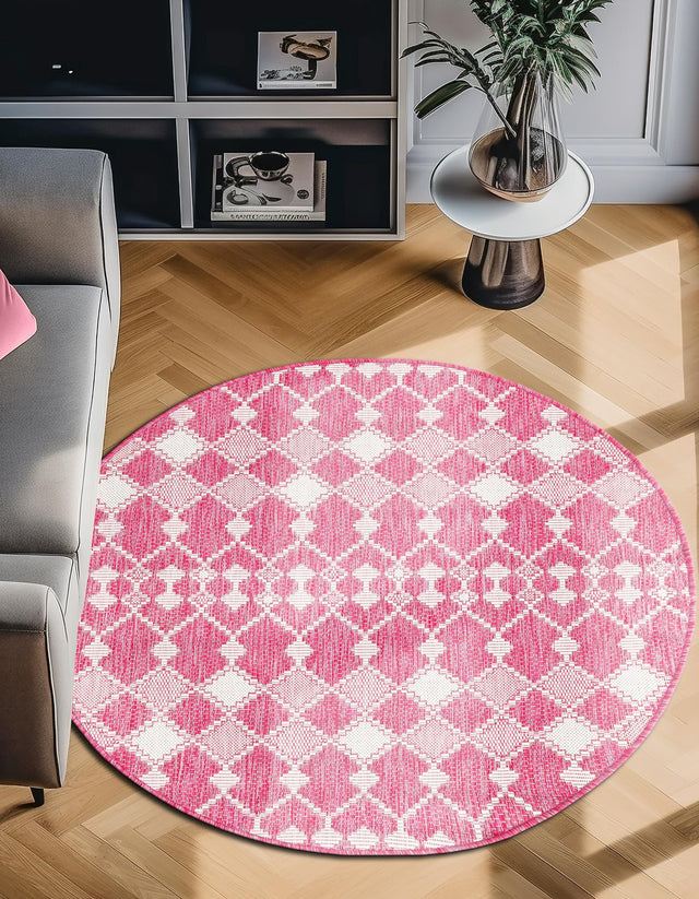 Magenta 10' x 10' Outdoor Trellis Round Area Rug Weather Resistant for Patio, Deck, Terrace, Balcony, Porch Geometric Design Water Safe Outside Carpet for Sale at Rug Engine