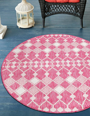 Magenta 4' 1 x 4' 1 Outdoor Trellis Round Area Rug Weather Resistant for Patio, Deck, Terrace, Balcony, Porch Geometric Design Water Safe Outside Carpet for Sale at Rug Engine