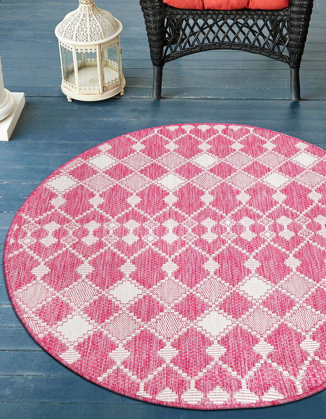Magenta 4' 1 x 4' 1 Outdoor Trellis Round Area Rug Weather Resistant for Patio, Deck, Terrace, Balcony, Porch Geometric Design Water Safe Outside Carpet for Sale at Rug Engine