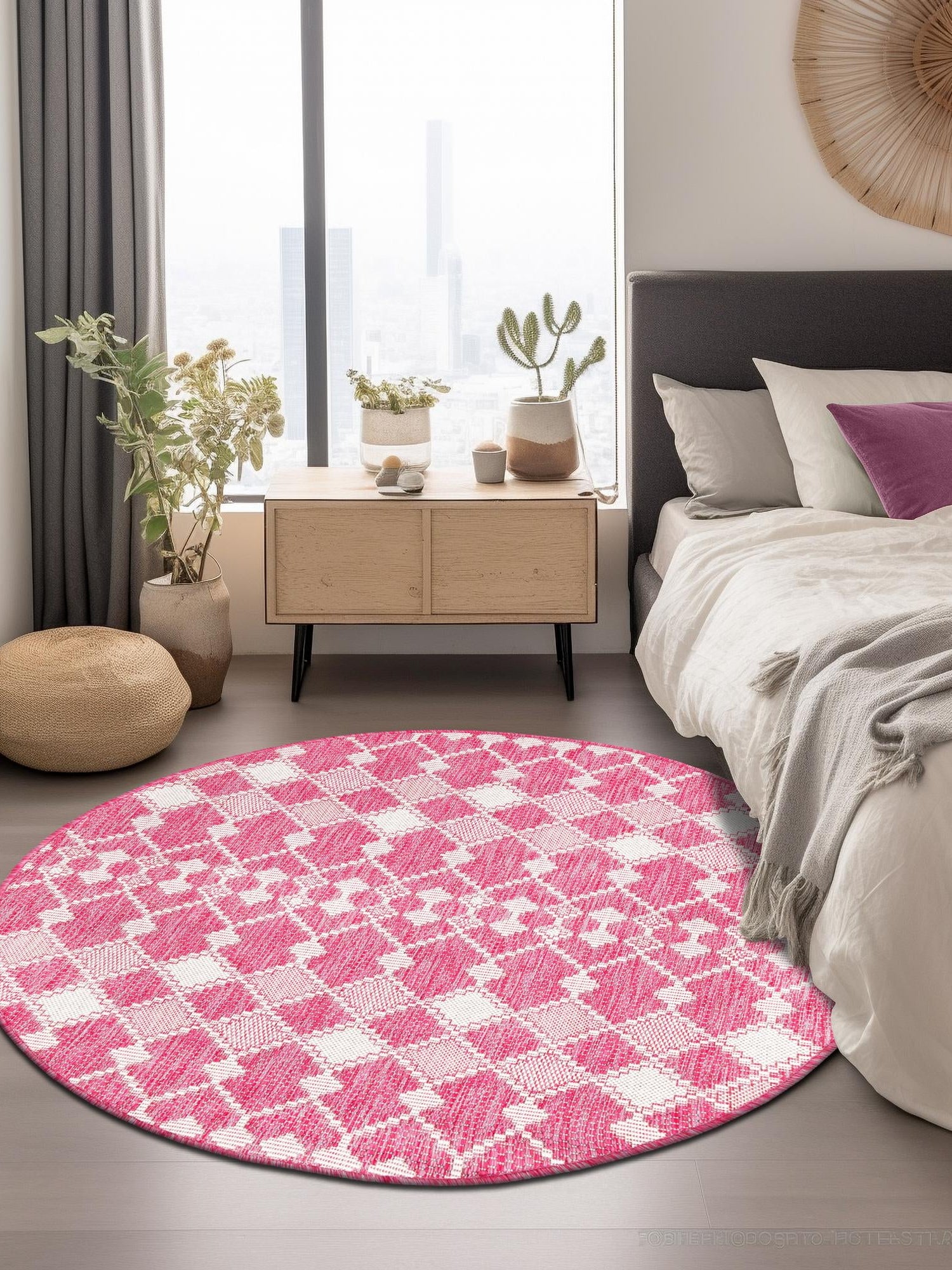 Magenta 10' x 10' Outdoor Trellis Round Area Rug Weather Resistant for Patio, Deck, Terrace, Balcony, Porch Geometric Design Water Safe Outside Carpet for Sale at Rug Engine