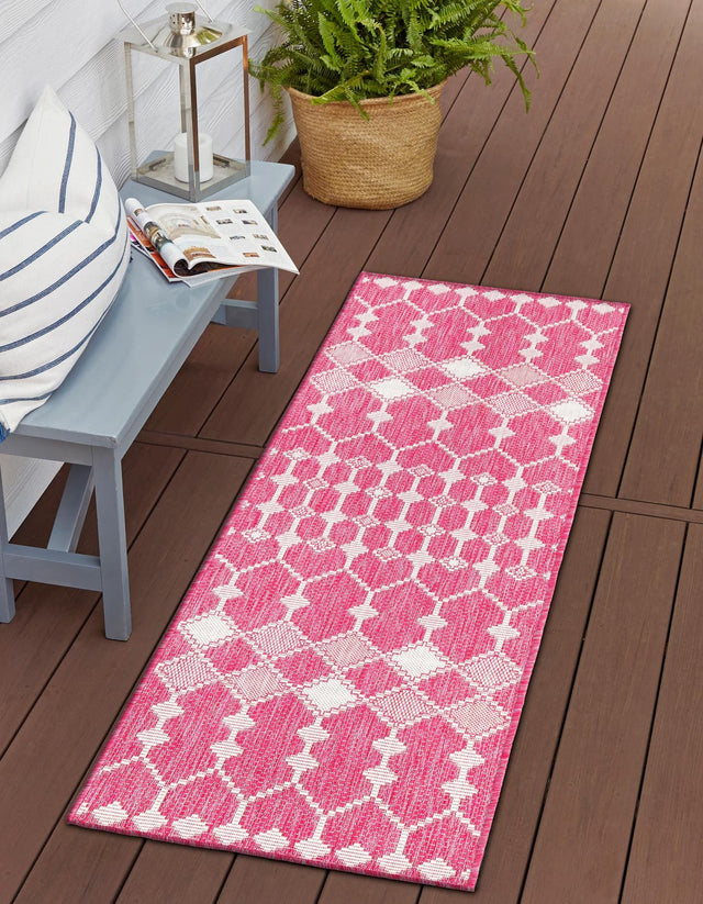 Magenta 2' x 6' 1 Outdoor Trellis Runner Area Rug Weather Resistant for Patio, Deck, Terrace, Balcony, Porch Geometric Design Water Safe Outside Carpet for Sale at Rug Engine