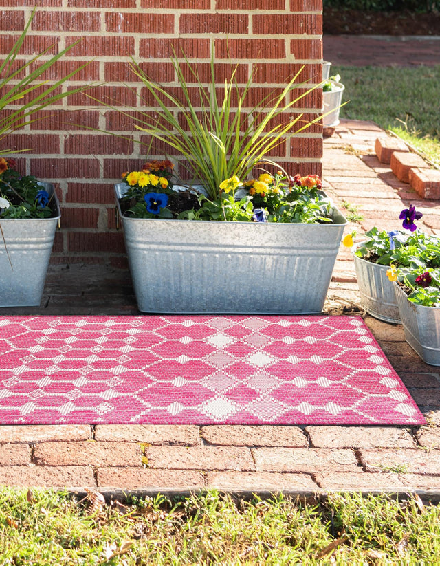 Magenta 2' x 6' 1 Outdoor Trellis Runner Area Rug Weather Resistant for Patio, Deck, Terrace, Balcony, Porch Geometric Design Water Safe Outside Carpet for Sale at Rug Engine