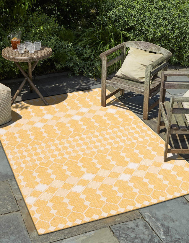 Yellow 5' 3 x 8' Outdoor Trellis Rectangle Area Rug Weather Resistant for Patio, Deck, Terrace, Balcony, Porch Geometric Design Water Safe Outside Carpet for Sale at Rug Engine