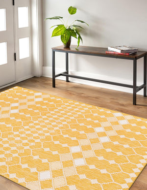 Yellow 2' x 3' 1 Outdoor Trellis Rectangle Area Rug Weather Resistant for Patio, Deck, Terrace, Balcony, Porch Geometric Design Water Safe Outside Carpet for Sale at Rug Engine