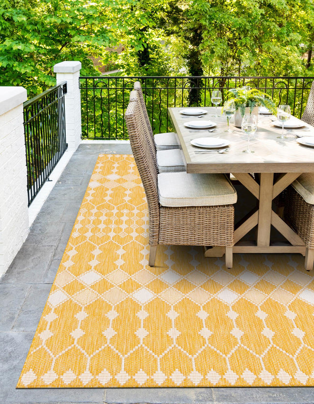Yellow 2' x 3' 1 Outdoor Trellis Rectangle Area Rug Weather Resistant for Patio, Deck, Terrace, Balcony, Porch Geometric Design Water Safe Outside Carpet for Sale at Rug Engine