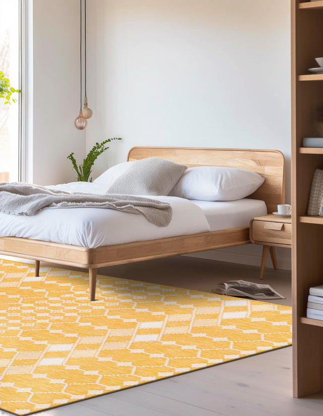 Yellow 5' 3 x 8' Outdoor Trellis Rectangle Area Rug Weather Resistant for Patio, Deck, Terrace, Balcony, Porch Geometric Design Water Safe Outside Carpet for Sale at Rug Engine