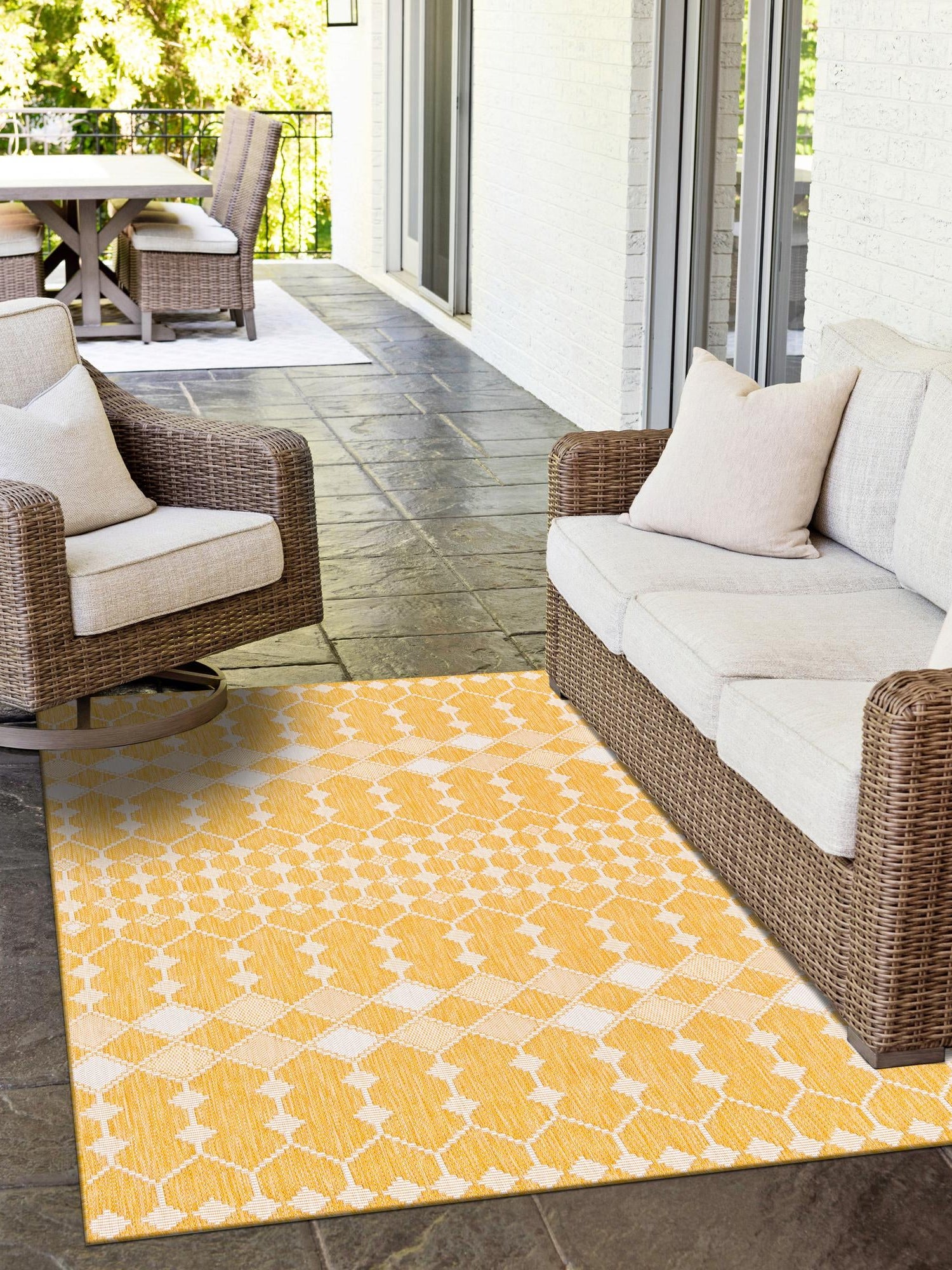 Yellow 9' x 12' Outdoor Trellis Rectangle Area Rug Weather Resistant for Patio, Deck, Terrace, Balcony, Porch Geometric Design Water Safe Outside Carpet for Sale at Rug Engine