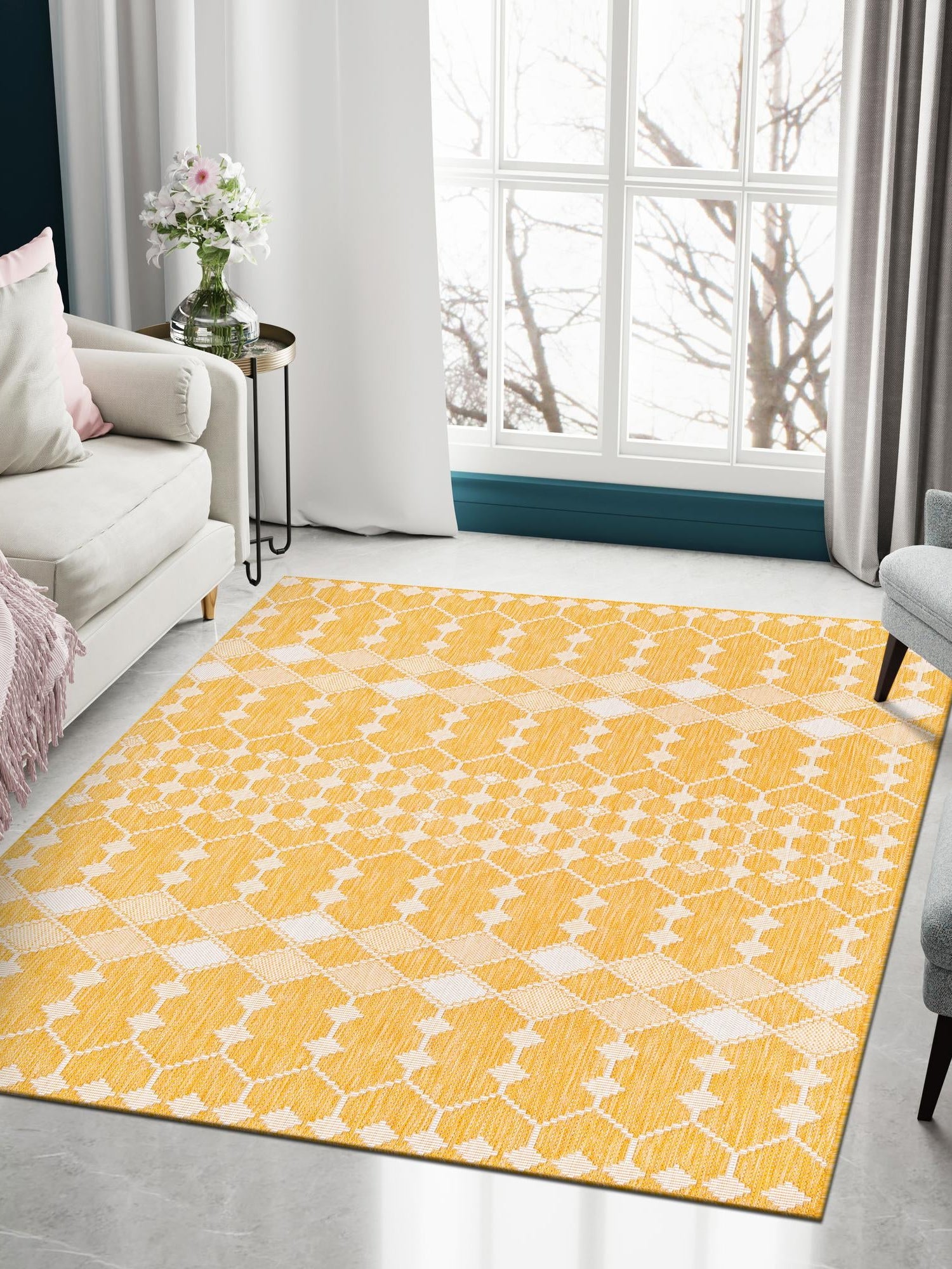 Yellow 9' x 12' Outdoor Trellis Rectangle Area Rug Weather Resistant for Patio, Deck, Terrace, Balcony, Porch Geometric Design Water Safe Outside Carpet for Sale at Rug Engine