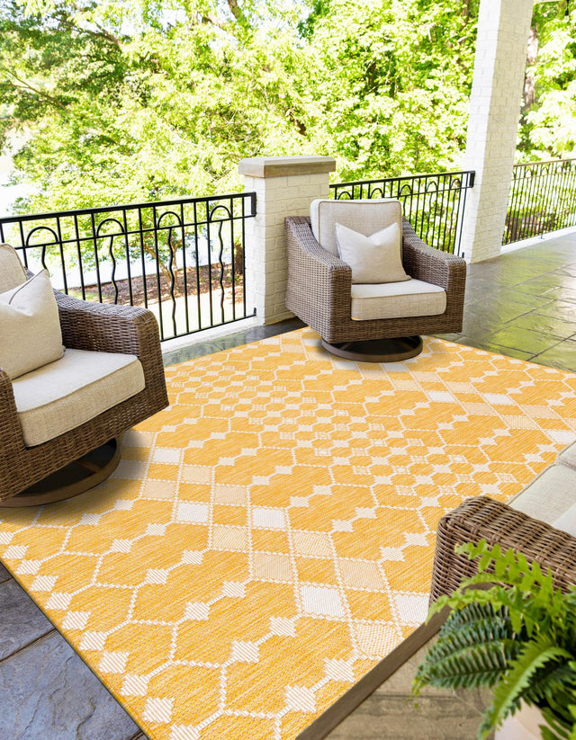 Yellow 5' 3 x 8' Outdoor Trellis Rectangle Area Rug Weather Resistant for Patio, Deck, Terrace, Balcony, Porch Geometric Design Water Safe Outside Carpet for Sale at Rug Engine