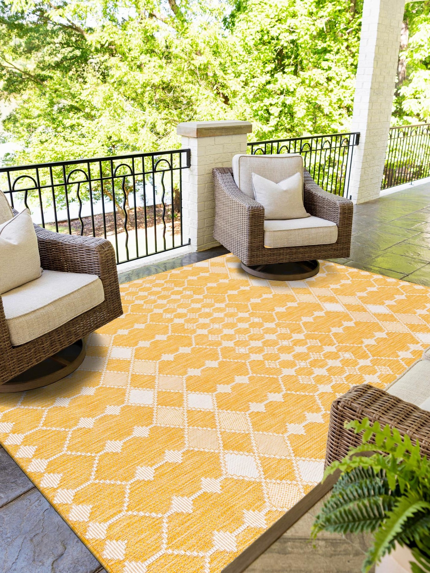 Yellow 4' 1 x 6' 1 Outdoor Trellis Rectangle Area Rug Weather Resistant for Patio, Deck, Terrace, Balcony, Porch Geometric Design Water Safe Outside Carpet for Sale at Rug Engine