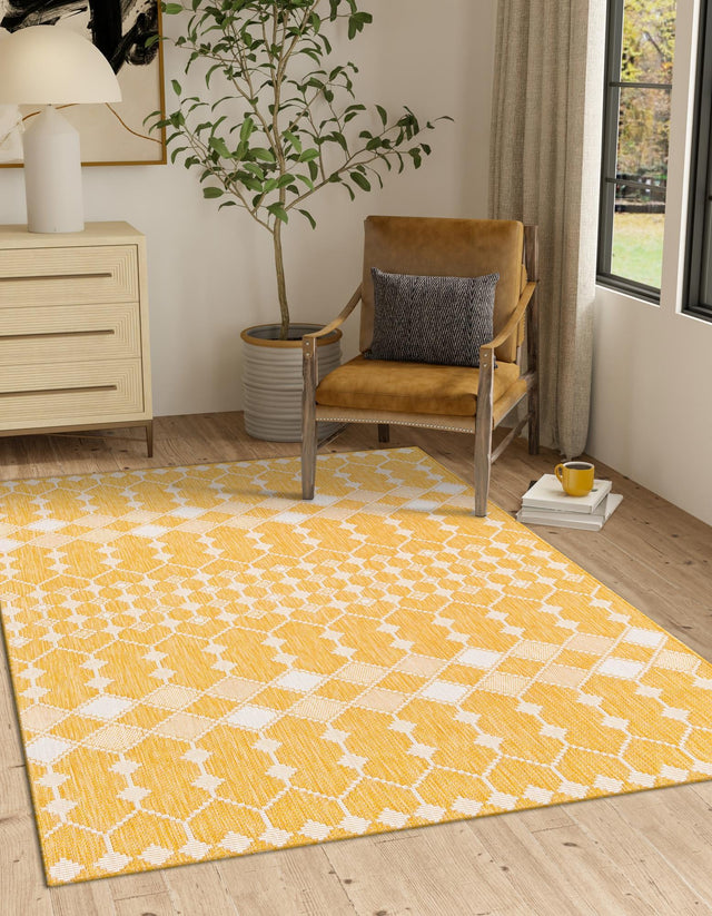 Yellow 7' 10 x 11' Outdoor Trellis Rectangle Area Rug Weather Resistant for Patio, Deck, Terrace, Balcony, Porch Geometric Design Water Safe Outside Carpet for Sale at Rug Engine