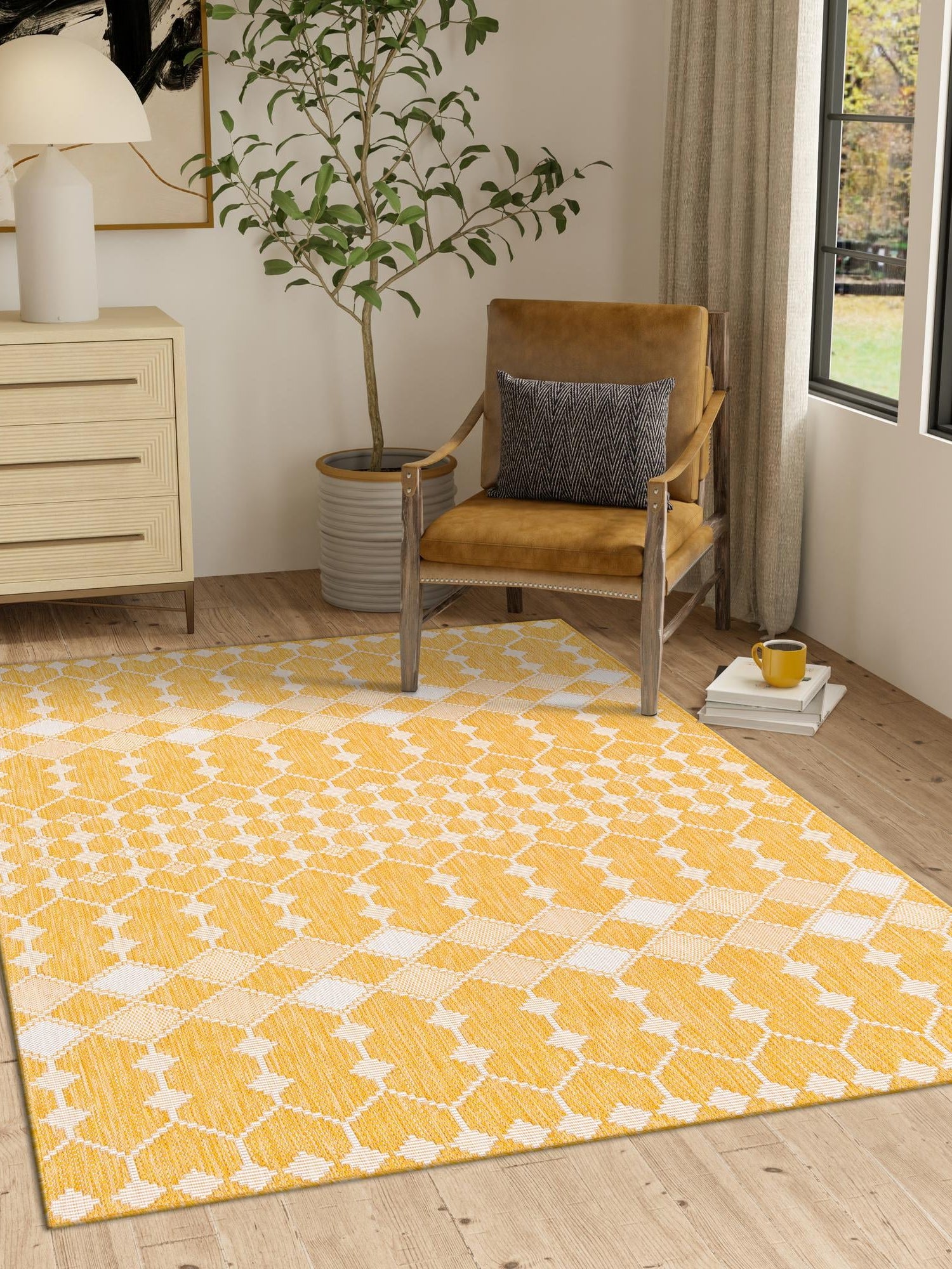 Yellow 3' 1 x 5' 3 Outdoor Trellis Rectangle Area Rug Weather Resistant for Patio, Deck, Terrace, Balcony, Porch Geometric Design Water Safe Outside Carpet for Sale at Rug Engine