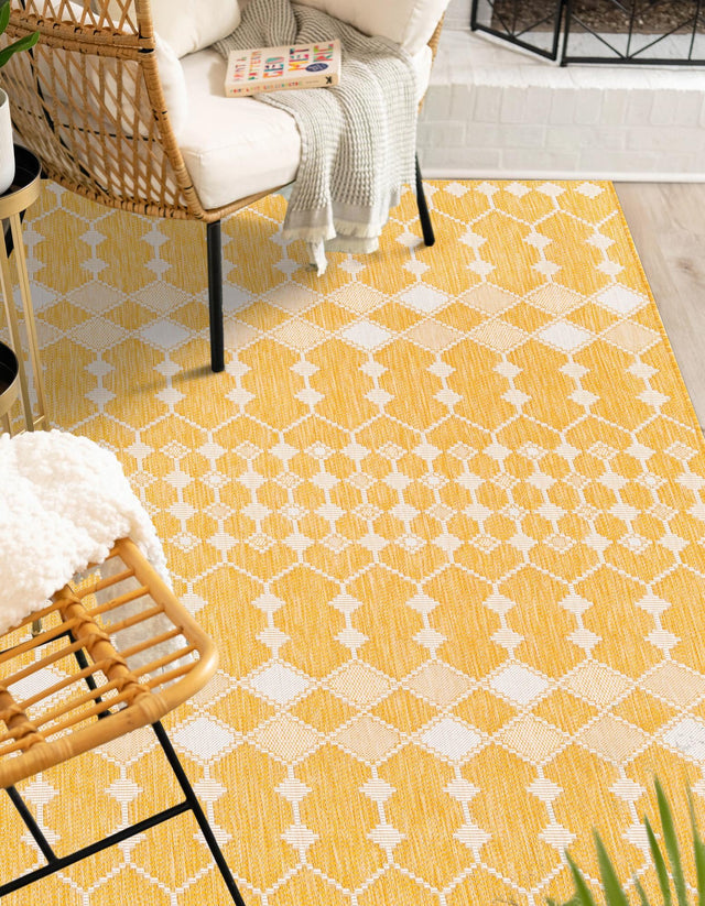 Yellow 5' 3 x 8' Outdoor Trellis Rectangle Area Rug Weather Resistant for Patio, Deck, Terrace, Balcony, Porch Geometric Design Water Safe Outside Carpet for Sale at Rug Engine