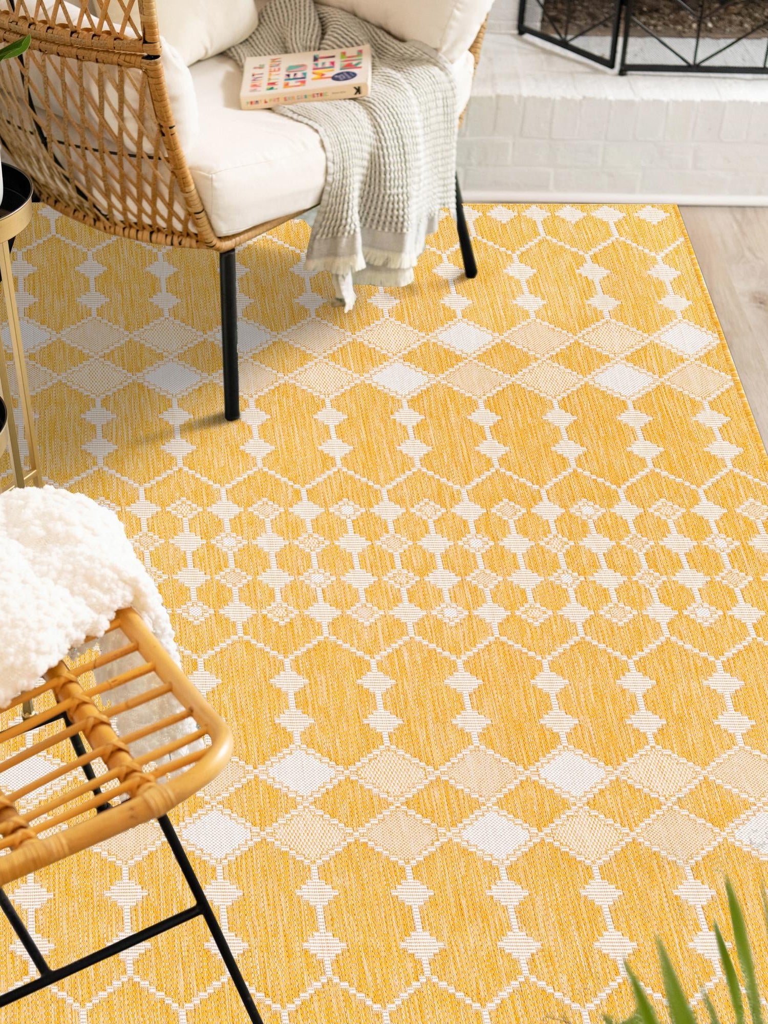 Yellow 9' x 12' Outdoor Trellis Rectangle Area Rug Weather Resistant for Patio, Deck, Terrace, Balcony, Porch Geometric Design Water Safe Outside Carpet for Sale at Rug Engine
