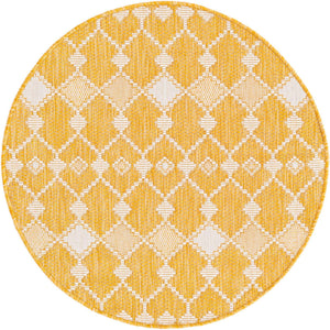 Yellow 3' 1 x 3' 1 Outdoor Trellis Round Area Rug Weather Resistant for Patio, Deck, Terrace, Balcony, Porch Geometric Design Water Safe Outside Carpet for Sale at Rug Engine