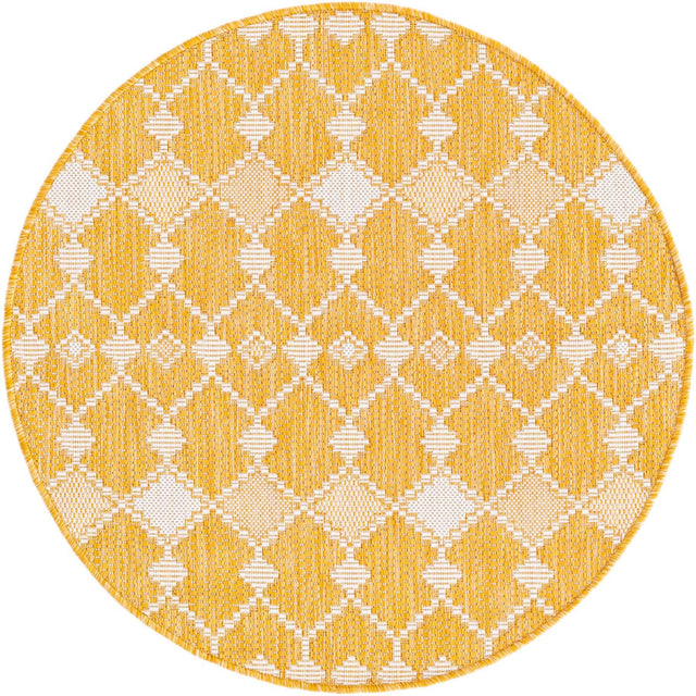 Yellow 3' 1 x 3' 1 Outdoor Trellis Round Area Rug Weather Resistant for Patio, Deck, Terrace, Balcony, Porch Geometric Design Water Safe Outside Carpet for Sale at Rug Engine