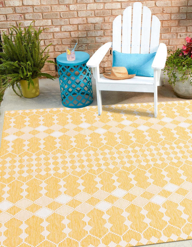 Yellow 10' x 10' Outdoor Trellis Square Area Rug Weather Resistant for Patio, Deck, Terrace, Balcony, Porch Geometric Design Water Safe Outside Carpet for Sale at Rug Engine