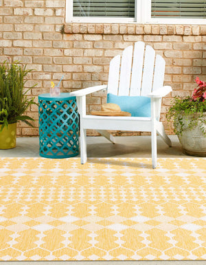 Yellow 10' x 10' Outdoor Trellis Square Area Rug Weather Resistant for Patio, Deck, Terrace, Balcony, Porch Geometric Design Water Safe Outside Carpet for Sale at Rug Engine