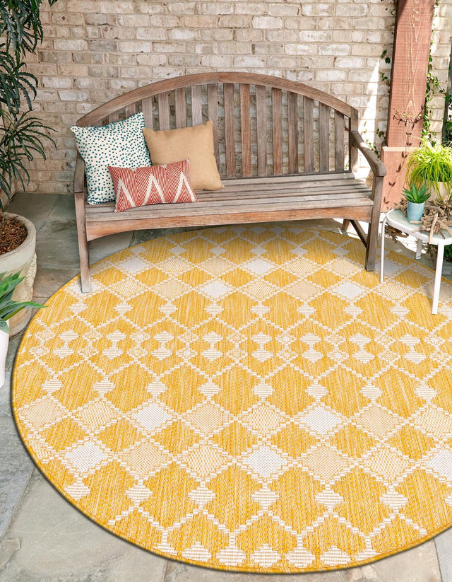 Yellow 10' x 10' Outdoor Trellis Round Area Rug Weather Resistant for Patio, Deck, Terrace, Balcony, Porch Geometric Design Water Safe Outside Carpet for Sale at Rug Engine