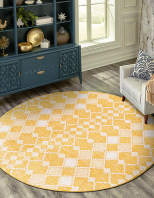 Yellow 3' 1 x 3' 1 Outdoor Trellis Round Area Rug Weather Resistant for Patio, Deck, Terrace, Balcony, Porch Geometric Design Water Safe Outside Carpet for Sale at Rug Engine