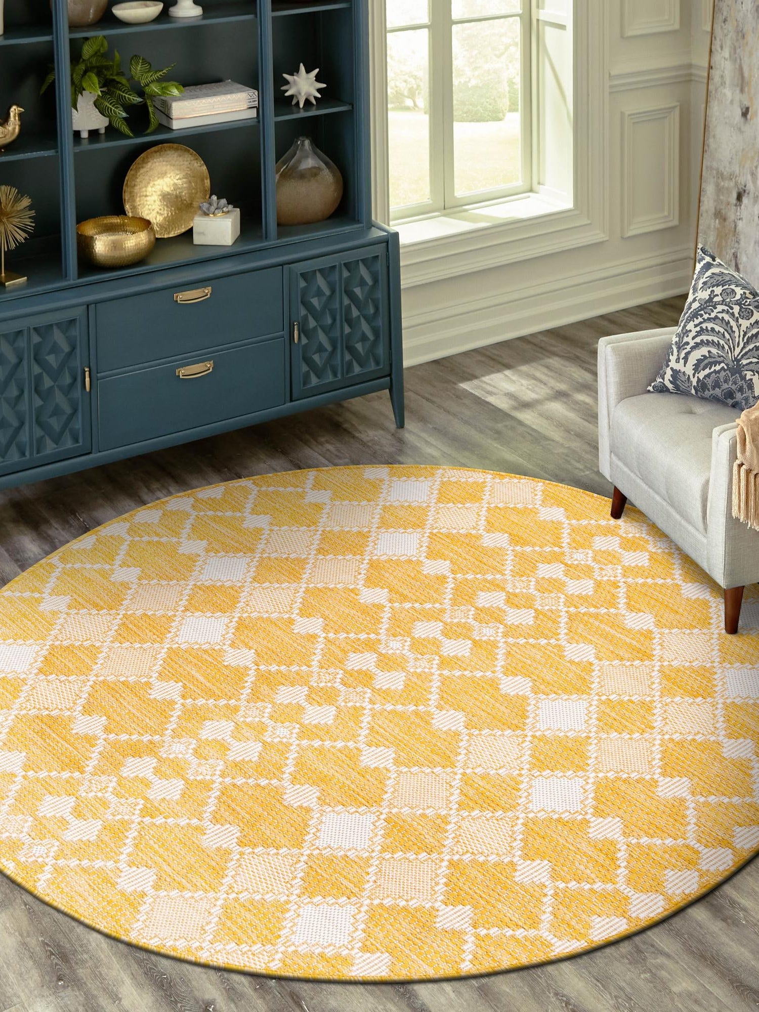 Yellow 4' 1 x 4' 1 Outdoor Trellis Round Area Rug Weather Resistant for Patio, Deck, Terrace, Balcony, Porch Geometric Design Water Safe Outside Carpet for Sale at Rug Engine