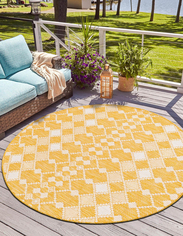 Yellow 3' 1 x 3' 1 Outdoor Trellis Round Area Rug Weather Resistant for Patio, Deck, Terrace, Balcony, Porch Geometric Design Water Safe Outside Carpet for Sale at Rug Engine