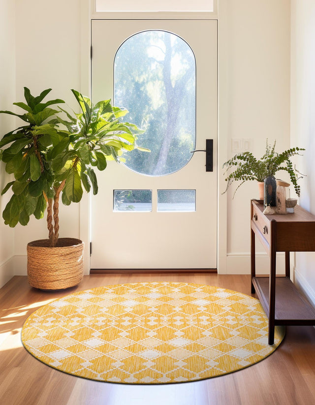 Yellow 3' 1 x 3' 1 Outdoor Trellis Round Area Rug Weather Resistant for Patio, Deck, Terrace, Balcony, Porch Geometric Design Water Safe Outside Carpet for Sale at Rug Engine
