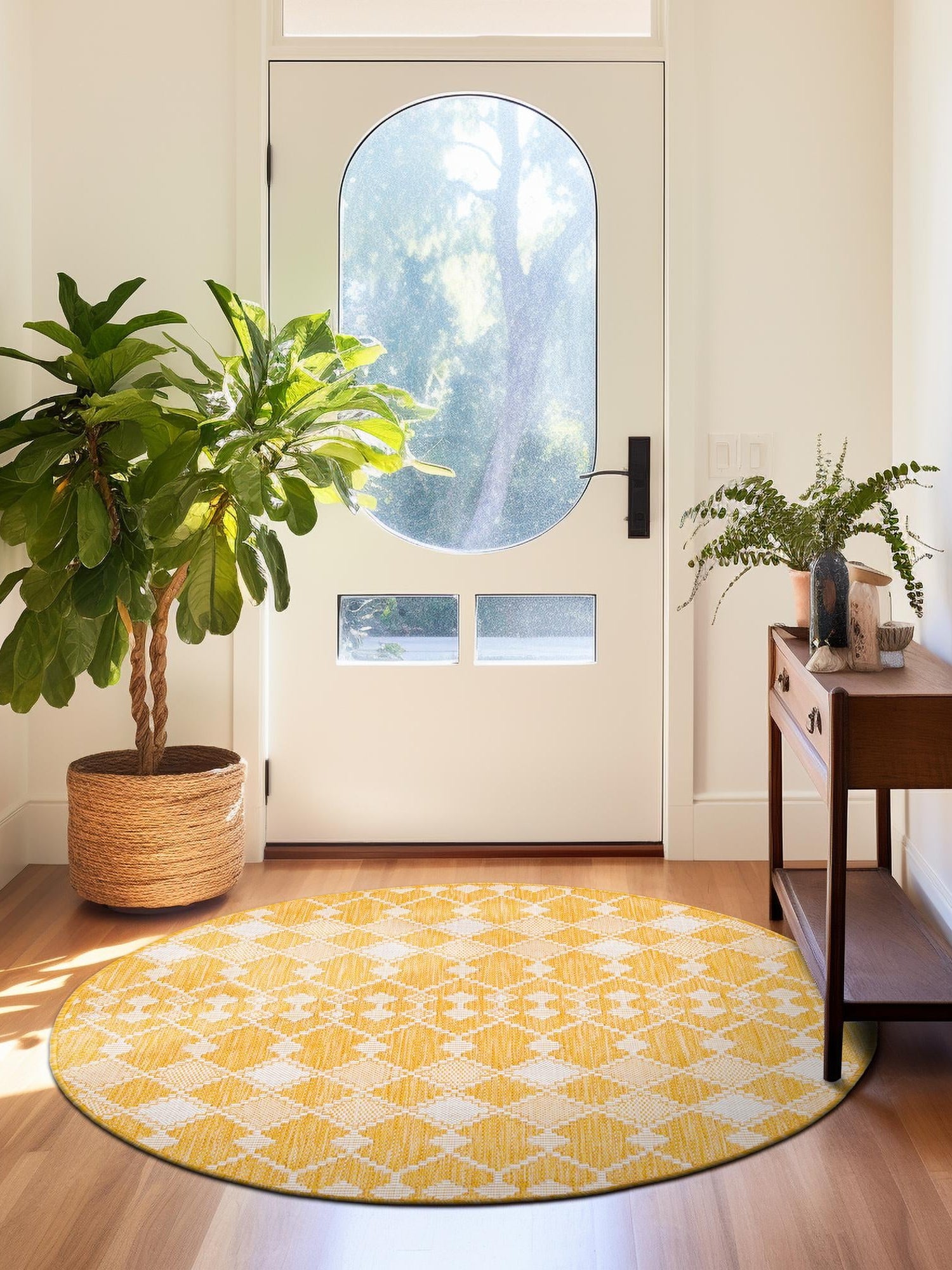 Yellow 10' x 10' Outdoor Trellis Round Area Rug Weather Resistant for Patio, Deck, Terrace, Balcony, Porch Geometric Design Water Safe Outside Carpet for Sale at Rug Engine