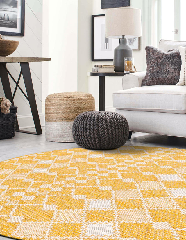 Yellow 3' 1 x 3' 1 Outdoor Trellis Round Area Rug Weather Resistant for Patio, Deck, Terrace, Balcony, Porch Geometric Design Water Safe Outside Carpet for Sale at Rug Engine