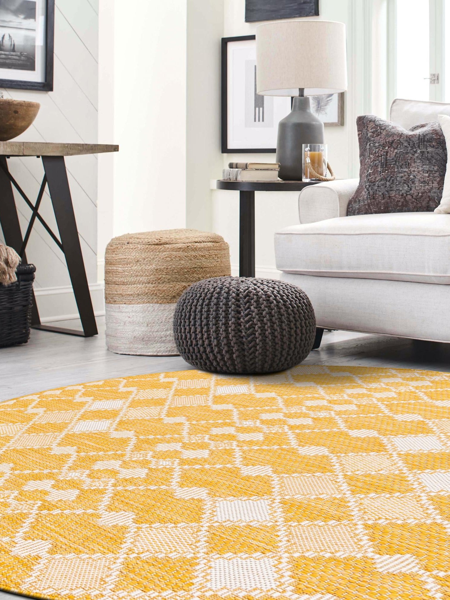 Yellow 4' 1 x 4' 1 Outdoor Trellis Round Area Rug Weather Resistant for Patio, Deck, Terrace, Balcony, Porch Geometric Design Water Safe Outside Carpet for Sale at Rug Engine