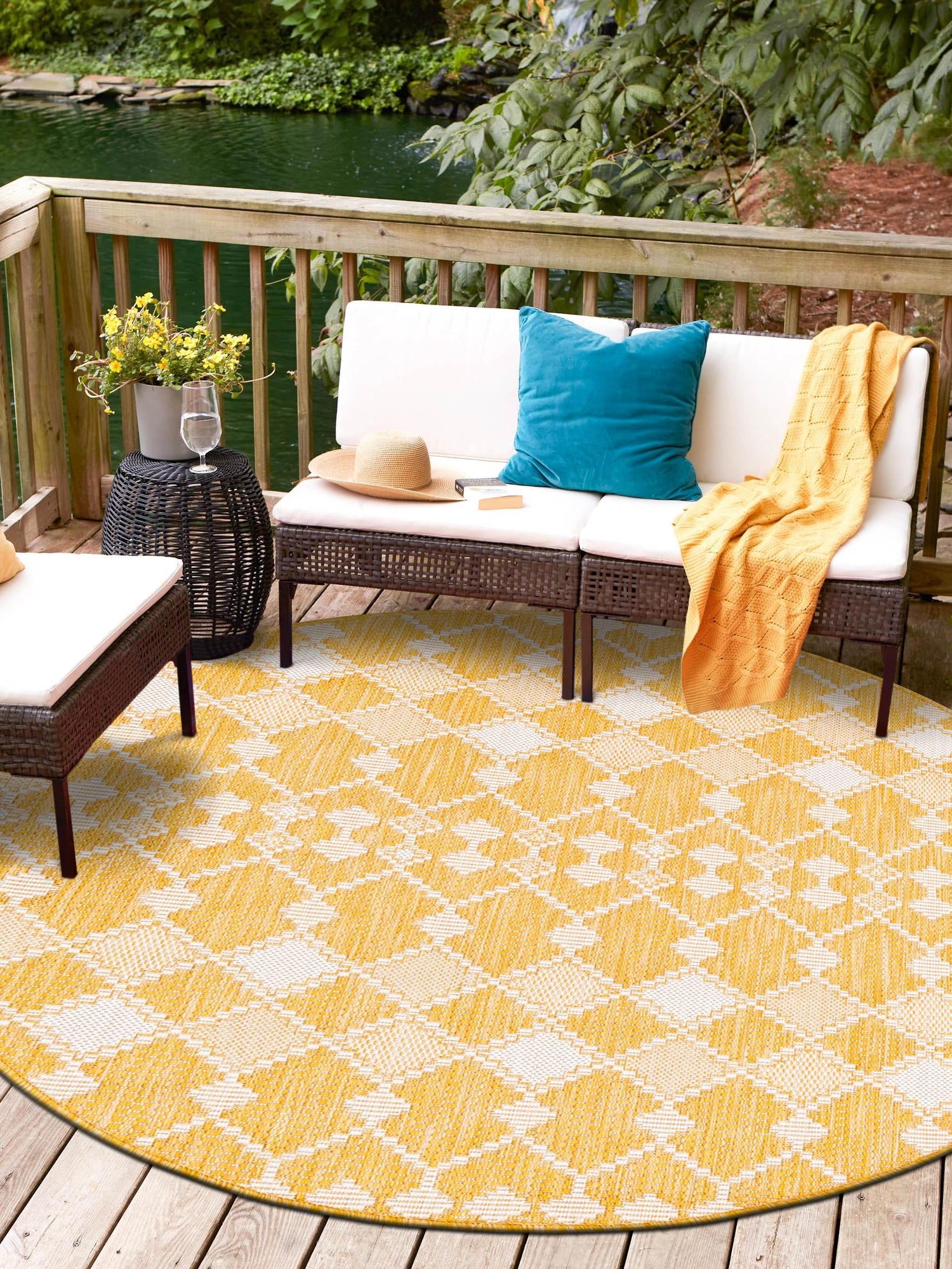 Yellow 10' x 10' Outdoor Trellis Round Area Rug Weather Resistant for Patio, Deck, Terrace, Balcony, Porch Geometric Design Water Safe Outside Carpet for Sale at Rug Engine