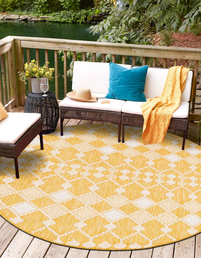 Yellow 10' x 10' Outdoor Trellis Round Area Rug Weather Resistant for Patio, Deck, Terrace, Balcony, Porch Geometric Design Water Safe Outside Carpet for Sale at Rug Engine