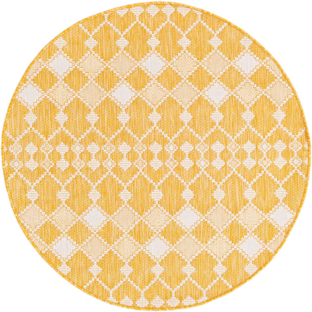 Yellow 4' 1 x 4' 1 Outdoor Trellis Round Area Rug Weather Resistant for Patio, Deck, Terrace, Balcony, Porch Geometric Design Water Safe Outside Carpet for Sale at Rug Engine