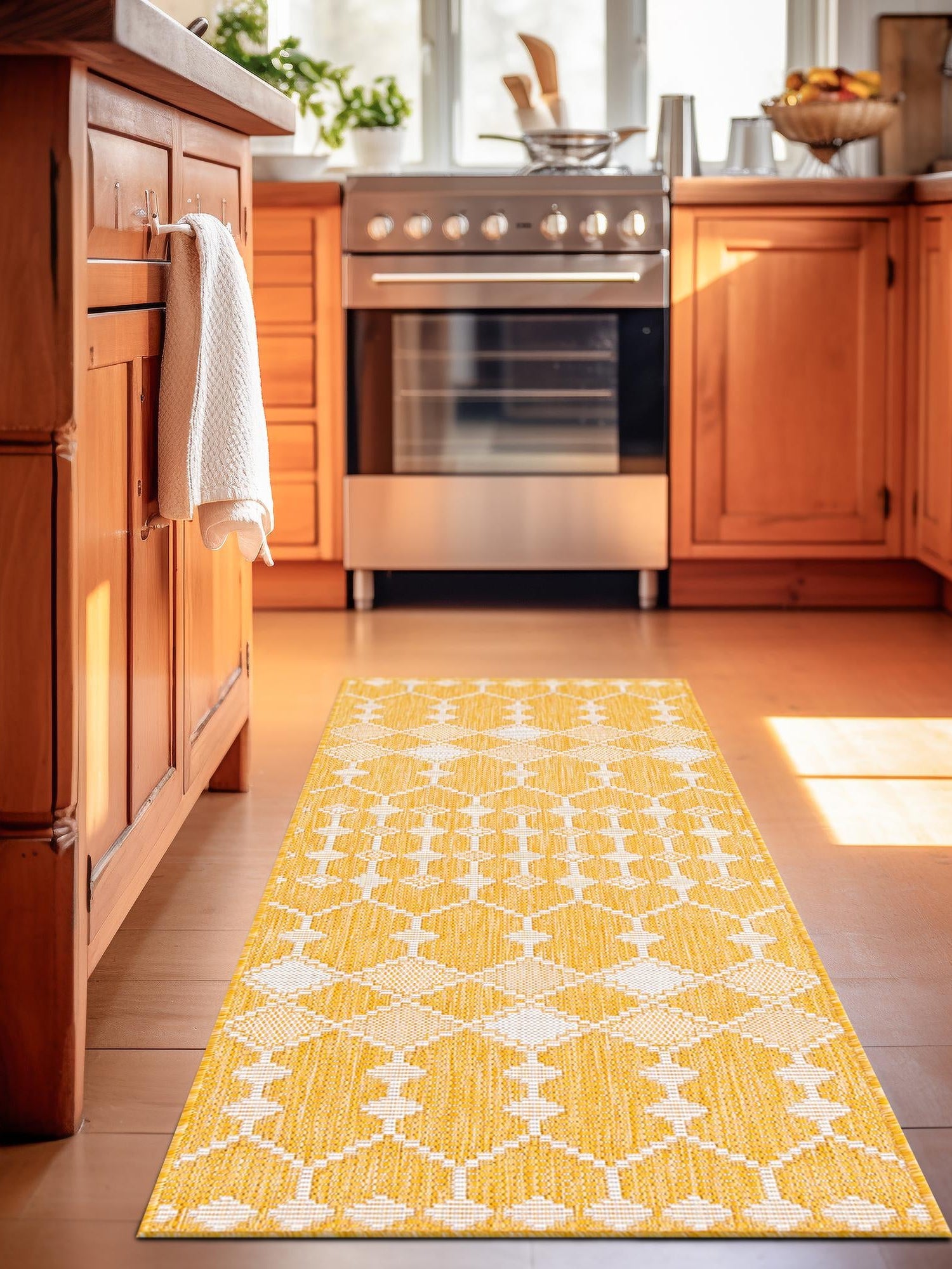 Yellow 2' x 6' 1 Outdoor Trellis Runner Area Rug Weather Resistant for Patio, Deck, Terrace, Balcony, Porch Geometric Design Water Safe Outside Carpet for Sale at Rug Engine