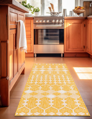 Yellow 2' x 6' 1 Outdoor Trellis Runner Area Rug Weather Resistant for Patio, Deck, Terrace, Balcony, Porch Geometric Design Water Safe Outside Carpet for Sale at Rug Engine