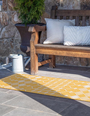 Yellow 2' x 6' 1 Outdoor Trellis Runner Area Rug Weather Resistant for Patio, Deck, Terrace, Balcony, Porch Geometric Design Water Safe Outside Carpet for Sale at Rug Engine