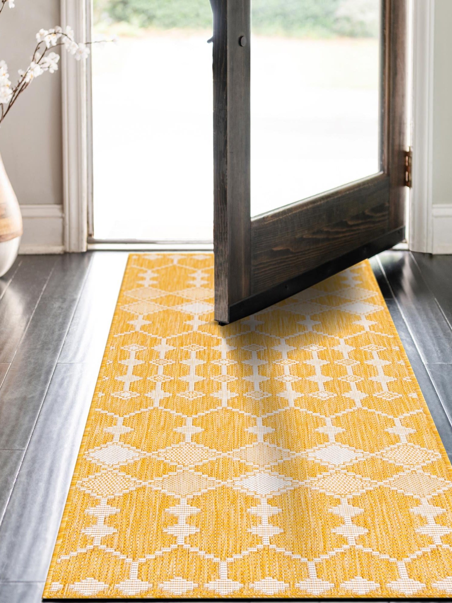 Yellow 2' x 6' 1 Outdoor Trellis Runner Area Rug Weather Resistant for Patio, Deck, Terrace, Balcony, Porch Geometric Design Water Safe Outside Carpet for Sale at Rug Engine